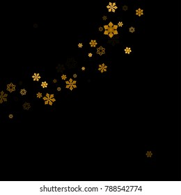 Gold Snow Falling on Black Background. Golden Snowflakes. Luxury Festive Background for your Christmas and New Year Design of Banners, Cards, Posters, Wallpaper. Winter Frost Print. Holiday Frame. 