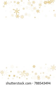 Gold Snow Falling on Black Background. Golden Snowflakes. Luxury Festive Background for your Christmas and New Year Design of Banners, Cards, Posters, Wallpaper. Winter Frost Print. Holiday Frame.