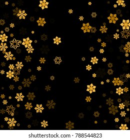Gold Snow Falling on Black Background. Golden Snowflakes. Luxury Festive Background for your Christmas and New Year Design of Banners, Cards, Posters, Wallpaper. Winter Frost Print. Holiday Frame. 