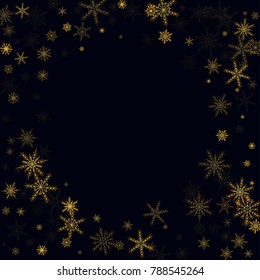 Gold Snow Falling on Black Background. Golden Snowflakes. Luxury Festive Background for your Christmas and New Year Design of Banners, Cards, Posters, Wallpaper. Winter Frost Print. Holiday Frame.