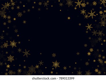 Gold Snow Falling on Black Background. Golden Snowflakes. Luxury Festive Background for your Christmas and New Year Design of Banners, Cards, Posters, Wallpaper. Winter Frost Print. Holiday Frame.