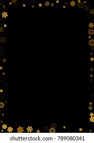 Gold Snow Falling on Black Background. Golden Snowflakes. Luxury Festive Background for your Christmas and New Year Design of Banners, Cards, Posters, Wallpaper. Winter Frost Print. Holiday Frame. 
