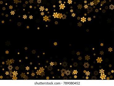 Gold Snow Falling on Black Background. Golden Snowflakes. Luxury Festive Background for your Christmas and New Year Design of Banners, Cards, Posters, Wallpaper. Winter Frost Print. Holiday Frame. 