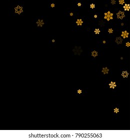 Gold Snow Falling on Black Background. Golden Snowflakes. Luxury Festive Background for your Christmas and New Year Design of Banners, Cards, Posters, Wallpaper. Winter Frost Print. Holiday Frame. 