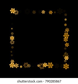 Gold Snow Falling on Black Background. Golden Snowflakes. Luxury Festive Background for your Christmas and New Year Design of Banners, Cards, Posters, Wallpaper. Winter Frost Print. Holiday Frame. 