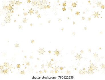 Gold Snow Falling on Black Background. Golden Snowflakes. Luxury Festive Background for your Christmas and New Year Design of Banners, Cards, Posters, Wallpaper. Winter Frost Print. Holiday Frame.