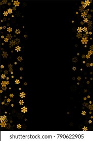 Gold Snow Falling on Black Background. Golden Snowflakes. Luxury Festive Background for your Christmas and New Year Design of Banners, Cards, Posters, Wallpaper. Winter Frost Print. Holiday Frame. 