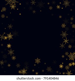 Gold Snow Falling on Black Background. Golden Snowflakes. Luxury Festive Background for your Christmas and New Year Design of Banners, Cards, Posters, Wallpaper. Winter Frost Print. Holiday Frame.