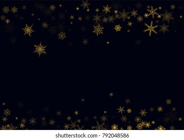 Gold Snow Falling on Black Background. Golden Snowflakes. Luxury Festive Background for your Christmas and New Year Design of Banners, Cards, Posters, Wallpaper. Winter Frost Print. Holiday Frame.