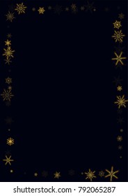 Gold Snow Falling on Black Background. Golden Snowflakes. Luxury Festive Background for your Christmas and New Year Design of Banners, Cards, Posters, Wallpaper. Winter Frost Print. Holiday Frame.