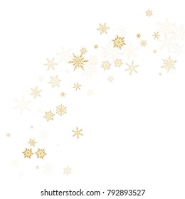 Gold Snow Falling on Black Background. Golden Snowflakes. Luxury Festive Background for your Christmas and New Year Design of Banners, Cards, Posters, Wallpaper. Winter Frost Print. Holiday Frame.