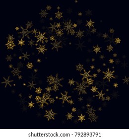 Gold Snow Falling on Black Background. Golden Snowflakes. Luxury Festive Background for your Christmas and New Year Design of Banners, Cards, Posters, Wallpaper. Winter Frost Print. Holiday Frame.