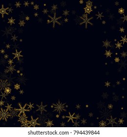 Gold Snow Falling on Black Background. Golden Snowflakes. Luxury Festive Background for your Christmas and New Year Design of Banners, Cards, Posters, Wallpaper. Winter Frost Print. Holiday Frame.