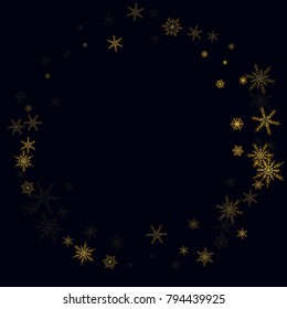 Gold Snow Falling on Black Background. Golden Snowflakes. Luxury Festive Background for your Christmas and New Year Design of Banners, Cards, Posters, Wallpaper. Winter Frost Print. Holiday Frame.