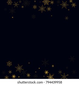 Gold Snow Falling on Black Background. Golden Snowflakes. Luxury Festive Background for your Christmas and New Year Design of Banners, Cards, Posters, Wallpaper. Winter Frost Print. Holiday Frame.
