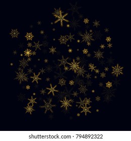 Gold Snow Falling on Black Background. Golden Snowflakes. Luxury Festive Background for your Christmas and New Year Design of Banners, Cards, Posters, Wallpaper. Winter Frost Print. Holiday Frame.