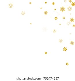 Gold Snow Falling on White Background. Golden Snowflakes. Luxury Festive Background for your Christmas and New Year Design of Banners, Cards, Posters, Wallpaper. Winter Frost Print. Holiday Frame.