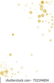 Gold Snow Falling on White Background. Golden Snowflakes. Luxury Festive Background for your Christmas and New Year Design of Banners, Cards, Posters, Wallpaper. Winter Frost Print. Holiday Frame.