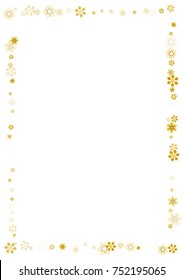 Gold Snow Falling on White Background. Golden Snowflakes. Luxury Festive Background for your Christmas and New Year Design of Banners, Cards, Posters, Wallpaper. Winter Frost Print. Holiday Frame.