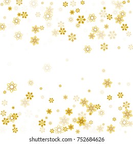 Gold Snow Falling on White Background. Golden Snowflakes. Luxury Festive Background for your Christmas and New Year Design of Banners, Cards, Posters, Wallpaper. Winter Frost Print. Holiday Frame.