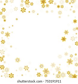 Gold Snow Falling on White Background. Golden Snowflakes. Luxury Festive Background for your Christmas and New Year Design of Banners, Cards, Posters, Wallpaper. Winter Frost Print. Holiday Frame.