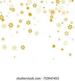 Gold Snow Falling on White Background. Golden Snowflakes. Luxury Festive Background for your Christmas and New Year Design of Banners, Cards, Posters, Wallpaper. Winter Frost Print. Holiday Frame.
