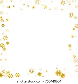 Gold Snow Falling on White Background. Golden Snowflakes. Luxury Festive Background for your Christmas and New Year Design of Banners, Cards, Posters, Wallpaper. Winter Frost Print. Holiday Frame.