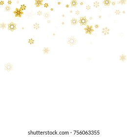 Gold Snow Falling on White Background. Golden Snowflakes. Luxury Festive Background for your Christmas and New Year Design of Banners, Cards, Posters, Wallpaper. Winter Frost Print. Holiday Frame.