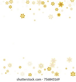 Gold Snow Falling on White Background. Golden Snowflakes. Luxury Festive Background for your Christmas and New Year Design of Banners, Cards, Posters, Wallpaper. Winter Frost Print. Holiday Frame.