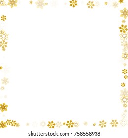 Gold Snow Falling on White Background. Golden Snowflakes. Luxury Festive Background for your Christmas and New Year Design of Banners, Cards, Posters, Wallpaper. Winter Frost Print. Holiday Frame.