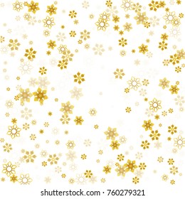 Gold Snow Falling on White Background. Golden Snowflakes. Luxury Festive Background for your Christmas and New Year Design of Banners, Cards, Posters, Wallpaper. Winter Frost Print. Holiday Frame.