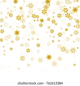 Gold Snow Falling on White Background. Golden Snowflakes. Luxury Festive Background for your Christmas and New Year Design of Banners, Cards, Posters, Wallpaper. Winter Frost Print. Holiday Frame.