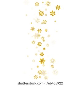 Gold Snow Falling on White Background. Golden Snowflakes. Luxury Festive Background for your Christmas and New Year Design of Banners, Cards, Posters, Wallpaper. Winter Frost Print. Holiday Frame.