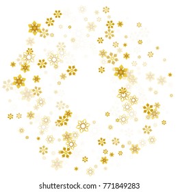 Gold Snow Falling on White Background. Golden Snowflakes. Luxury Festive Background for your Christmas and New Year Design of Banners, Cards, Posters, Wallpaper. Winter Frost Print. Holiday Frame.