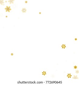 Gold Snow Falling on White Background. Golden Snowflakes. Luxury Festive Background for your Christmas and New Year Design of Banners, Cards, Posters, Wallpaper. Winter Frost Print. Holiday Frame.
