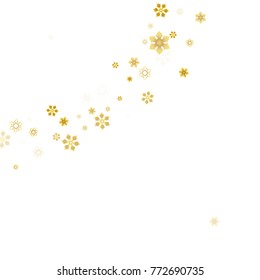 Gold Snow Falling on White Background. Golden Snowflakes. Luxury Festive Background for your Christmas and New Year Design of Banners, Cards, Posters, Wallpaper. Winter Frost Print. Holiday Frame.