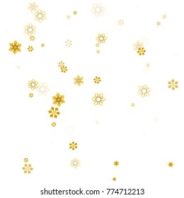 Gold Snow Falling on White Background. Golden Snowflakes. Luxury Festive Background for your Christmas and New Year Design of Banners, Cards, Posters, Wallpaper. Winter Frost Print. Holiday Frame.