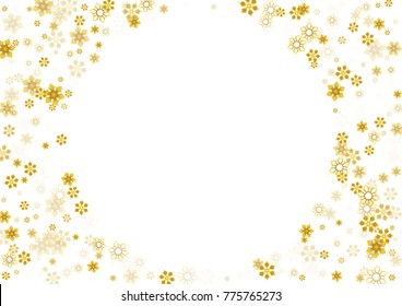 Gold Snow Falling on White Background. Golden Snowflakes. Luxury Festive Background for your Christmas and New Year Design of Banners, Cards, Posters, Wallpaper. Winter Frost Print. Holiday Frame.