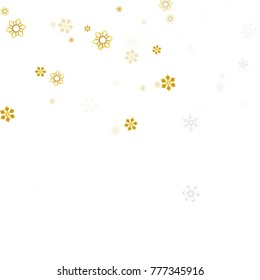 Gold Snow Falling on White Background. Golden Snowflakes. Luxury Festive Background for your Christmas and New Year Design of Banners, Cards, Posters, Wallpaper. Winter Frost Print. Holiday Frame.