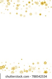Gold Snow Falling on White Background. Golden Snowflakes. Luxury Festive Background for your Christmas and New Year Design of Banners, Cards, Posters, Wallpaper. Winter Frost Print. Holiday Frame.