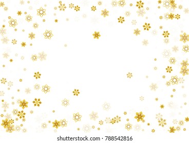 Gold Snow Falling on White Background. Golden Snowflakes. Luxury Festive Background for your Christmas and New Year Design of Banners, Cards, Posters, Wallpaper. Winter Frost Print. Holiday Frame.