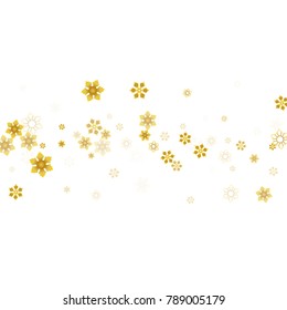 Gold Snow Falling on White Background. Golden Snowflakes. Luxury Festive Background for your Christmas and New Year Design of Banners, Cards, Posters, Wallpaper. Winter Frost Print. Holiday Frame.