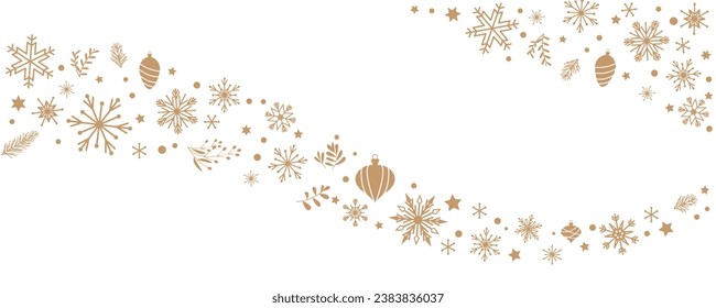  La Nieve dorada tiñe el patrón de decoración. Ilustración de invierno. Escamas de nieve, hojas y adornos de decoración de fondo para las vacaciones de invierno y Navidad. Ilustración vectorial.