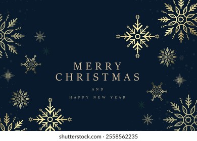 A gold snow flakes on dark blue background. Luxury snow flakes frame for Christmas and New Year with small snow flakes, vector illustration, Happy New Year banner with premium frame