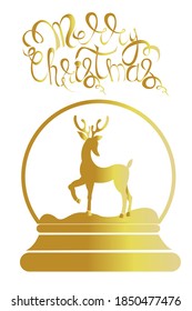 Gold snow globe ball winter icons. Simple template of snowglobe ball with Golden deer and glitter Merry Christmas  lettering for invitation and greeting card, prints and posters.