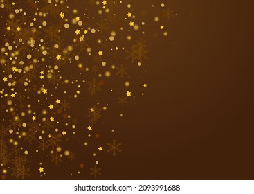 Gold Snow Vector Brown Background. Golden Minimal Dots Card. Christmas Snowflake Backdrop. Festive Snowfall Wallpaper.