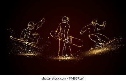 Juego de snowboarder de oro. Dibujo deportivo lineal de snowboard dorado para banner deportivo, fondo y volante.