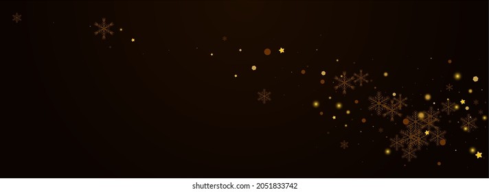 Gold Snowfall Vector Pnoramic Brown Background. Shiny Minimal Confetti Card. Festive Flake Pattern. Elegant Dots Backdrop.