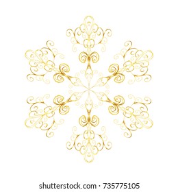 Gold snowflake. Abstract hand drawn golden snowflake in oriental style isolated on white background. Concept of greeting card design Happy New Year.