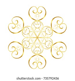 Gold snowflake. Abstract hand drawn golden snowflake in oriental style isolated on white background. Concept of greeting card design Happy New Year.